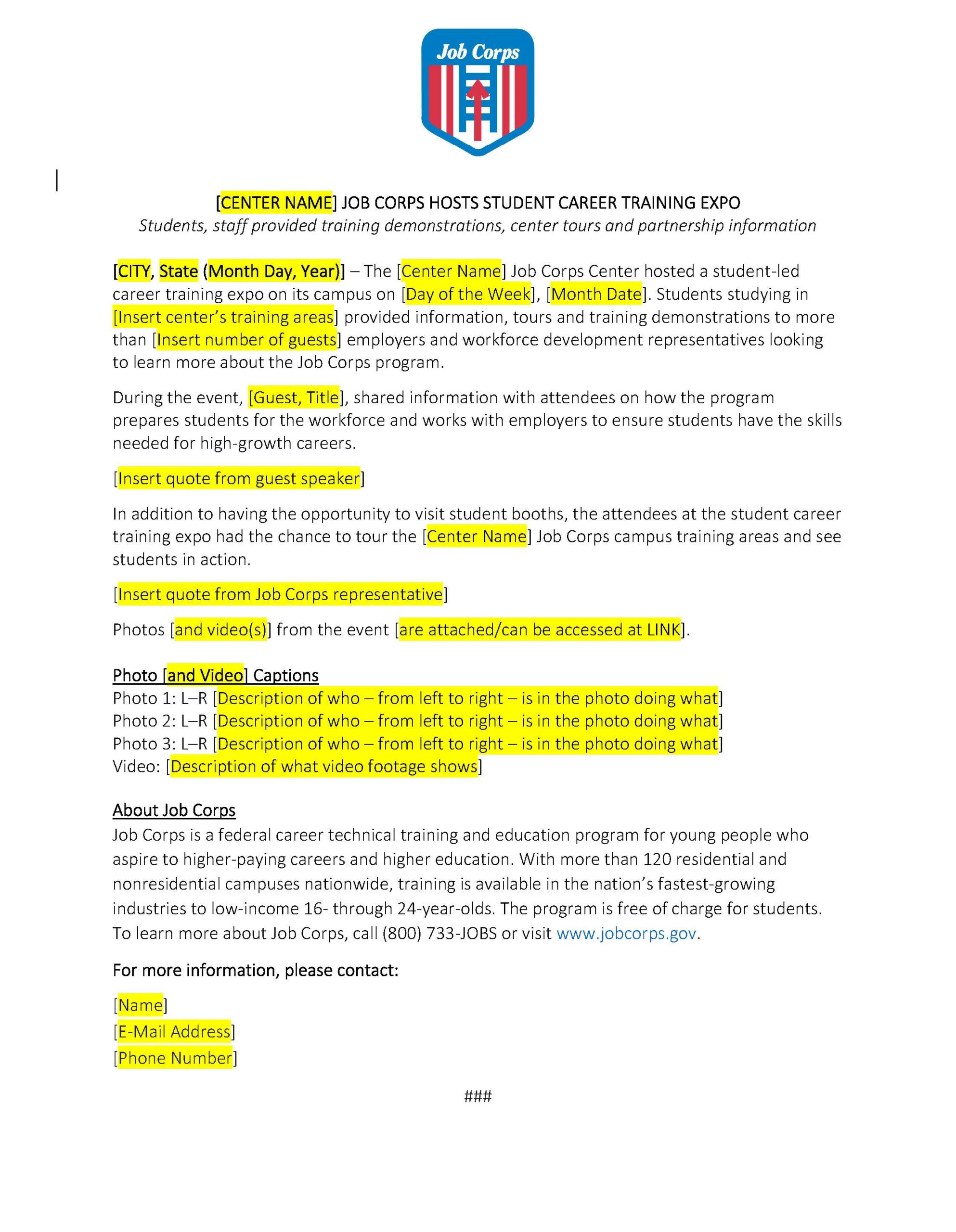 Post Event Media Release Template Student Career Training Expos