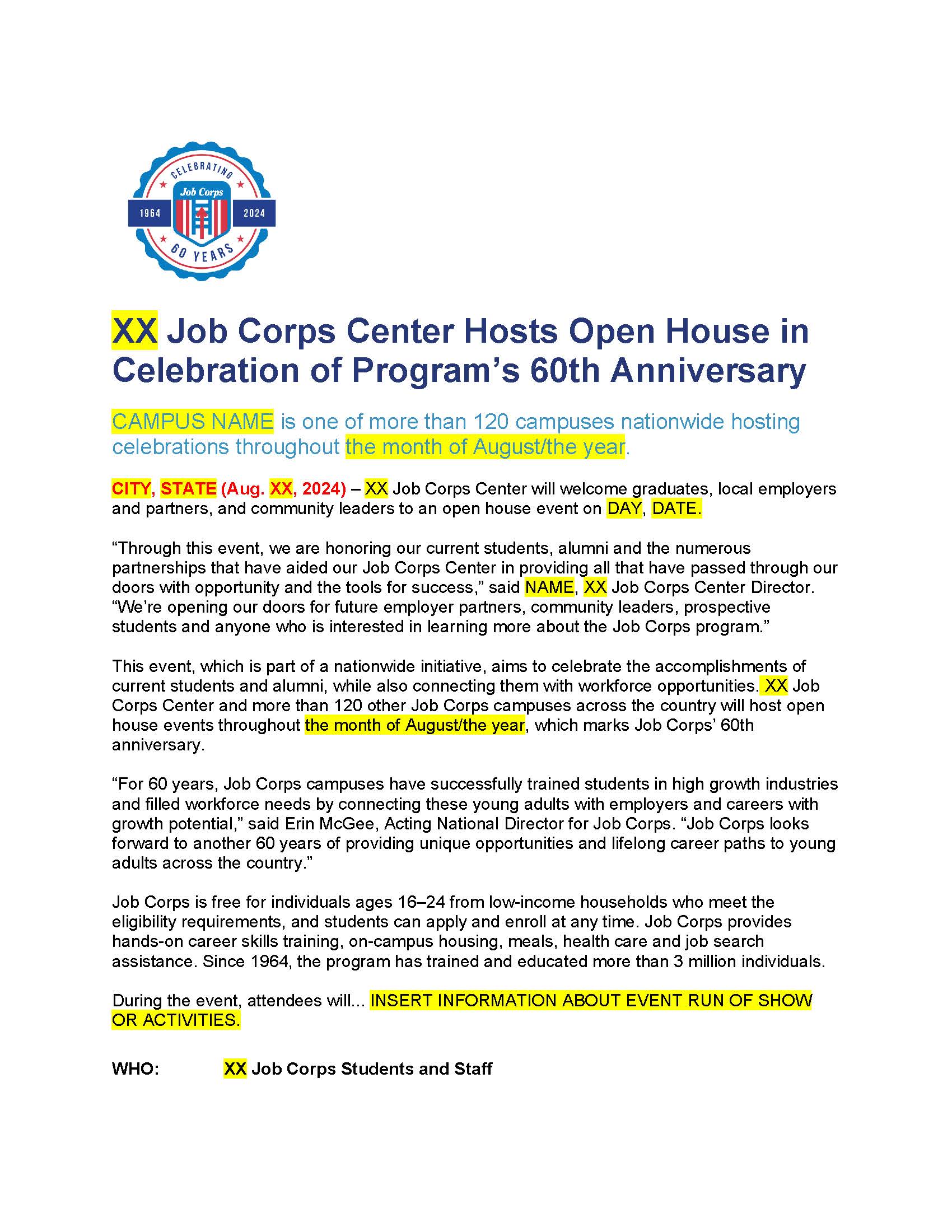 Job Corps 60th Anniversary Open House Release Template Page 1